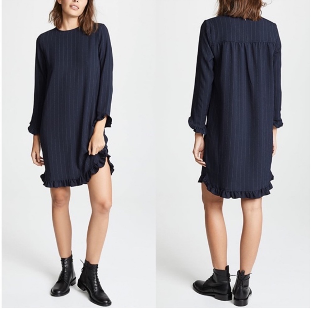 Ganni Clark Ruffle Trim Long Sleeve Mini Dress Size XS 2 Navy Blue Pinstripe